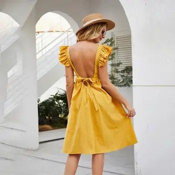 ZOGAA 2020 Letné Šaty, Šitie Prehrabať Rukáv Sexy Ženy Backless Bežné Ruched Sklzu Sundress Sťahovacie Módne Žltá Dovolenku