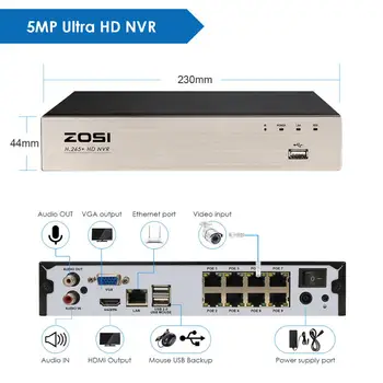ZOSI H. 265+ 8CH 5MP POE kamerovým Systémom Kit 8 x 5MP Super HD IP Kamera, Vonkajšie Nepremokavé CCTV kamerový NVR Nastaviť