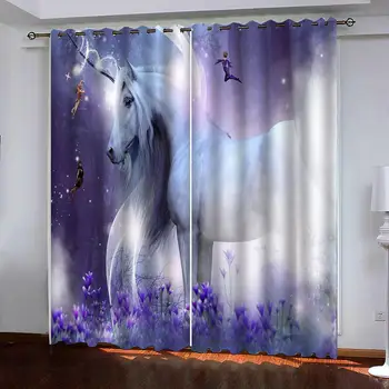 Záclony Fantasy fialový kvet kôň, anjel Luxusné Zatmenie 3D Závesy Obývacia Izba, Spálňa kancelária