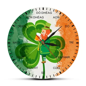 Írsko Vlajka Ďatelina Hodiny Four Leaf Clover Saint Patrick ' s Day Oslava Írskych Domova Nástenné Hodiny Tichý Prehnala Stene Hodinky