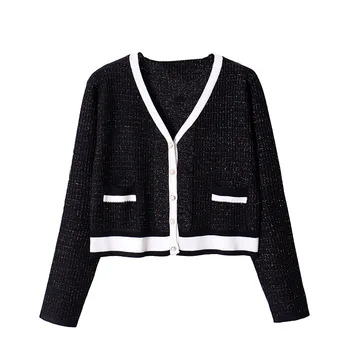 Úplne Nové Čierne Biele Jeseň Jar Cardigan dámske Svetre Jumper Bežné Tenké Long-Sleeve Pletené Vesty Pruhované Oblečenie