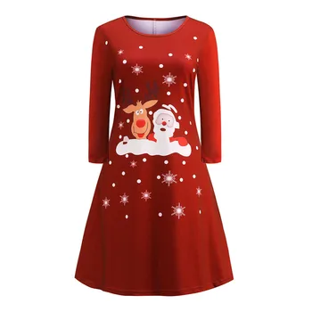 Červený Tlač Vianočné Party Šaty Žien Jeseň Dlhý Rukáv Župan Vintage Pin Up Zimné Šaty Bežné A-line Elegantné Vestidos