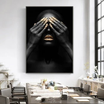 Čierna Ruka a Zlato Pery Čierna Žena Plátno na Maľovanie Moderného Umenia Plagáty a Vytlačí Afriky Wall Art Obrázok pre Obývacia Izba Dekor