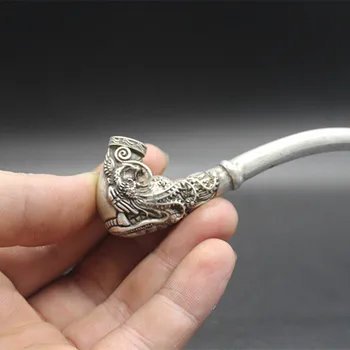 Čínska ľudová starej Mosadze alebo Tibete striebro rezbárstvo cigariet sporák Dragon a Phoenix Dymové rúry hrniec