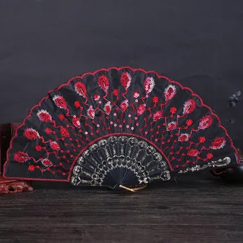 Čínsky Štýl Strane-majú Skladacie Ventilátor Multicolor Sequin Výšivky Páva Pierko Ventilátor Tanec Výkon Dekorácie