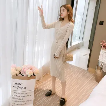 Šaty Zimné 2021 Jeseň Oblečenie Ženy Nového tvaru Slim Pletené Šaty v Štýle kórejský Žena Dlhé Šaty, Sveter Pletené Šaty Ženy