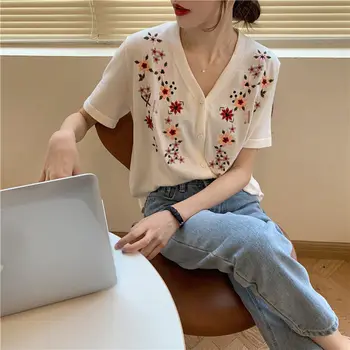 Žena Letné Tričká V-neck Výšivky Pletený Sveter dámske Vyšívané Top Crop Top Mujer Camisetas