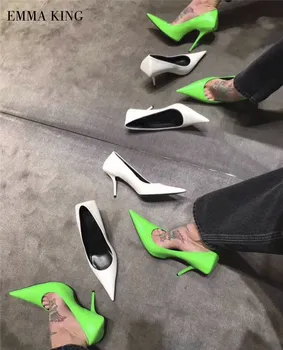 Žena Neon Zelená Krava Kožené Čerpadlá Ukázal Prst Plytké Luxusné Módne Topánky Fluorescenčné Vysoké Podpätky, Topánky Žien Zapatos De Mujer