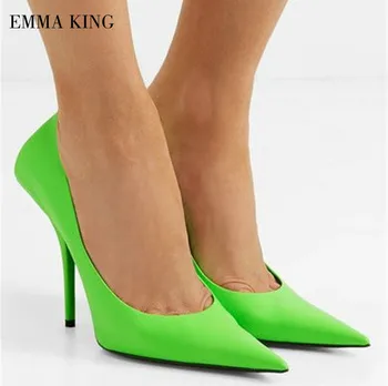 Žena Neon Zelená Krava Kožené Čerpadlá Ukázal Prst Plytké Luxusné Módne Topánky Fluorescenčné Vysoké Podpätky, Topánky Žien Zapatos De Mujer