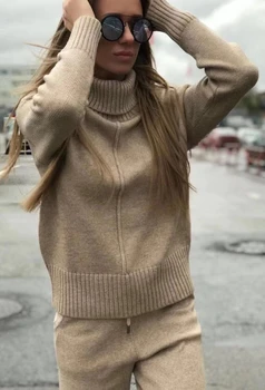 Žena vyhovovali turtleneck pletený sveter a nohavice 2020 nové cashmere športové a kvalitné módne dvoch-dielny elastický pás