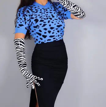 Ženské dráhy módne zebra prúžok tlače faux pu kožené dlhé rukavice žena sexy biele čierne pruhované dlhé rukavice 60 cm R2684