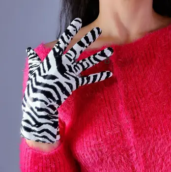 Ženské dráhy módne zebra prúžok tlače faux pu kožené dlhé rukavice žena sexy biele čierne pruhované dlhé rukavice 60 cm R2684