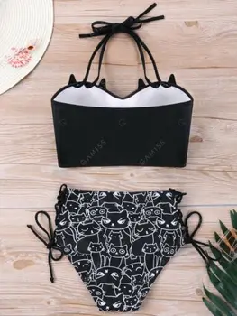 Ženy 2019 Catroon Roztomilé Mačka Tlače Vysoký Pás Bikini Set Push-Up Čalúnená Plavky, Plavky Na Kúpanie Plážové Oblečenie E