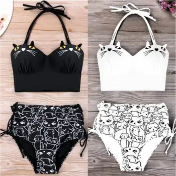 Ženy 2019 Catroon Roztomilé Mačka Tlače Vysoký Pás Bikini Set Push-Up Čalúnená Plavky, Plavky Na Kúpanie Plážové Oblečenie E