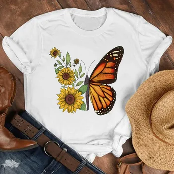 Ženy Lady Cartoon Motýľ Kvetinový Elegantné 2020 Jeseň Jeseň Tričko Oblečenie Tričko Tričko Dámske Top Žena Tlačiť T Grafické T-shirt