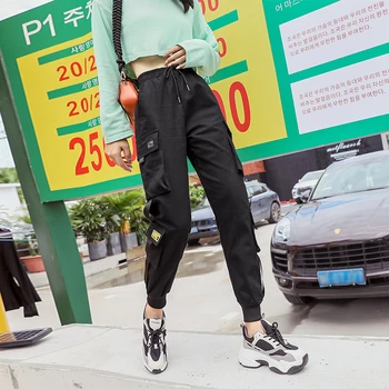 Ženy Streetwear Módy Cargo Nohavice Čierne Členok Dĺžka Elastický Pás Joggers Žena Voľné Nohavice Bežné Plus Veľkosť Haren Nohavice