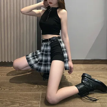ženy sukne Harajuku gotická čierna sexy vysoký pás skladaná sukňa punk dievča je sukňa s šortky nové letné kockované sukni