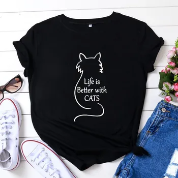 Život Je Lepšie s Mačky Zábavné Tričká Ženy Krátky Rukáv O-neck Tee Tričko Femme Harajuku Tričko Ženy Top Voľné Camiseta Mujer